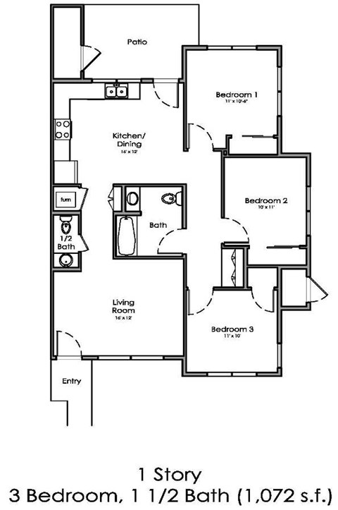 A floor plan of a 1 story 3 bedroom house with 1 1/2 baths.